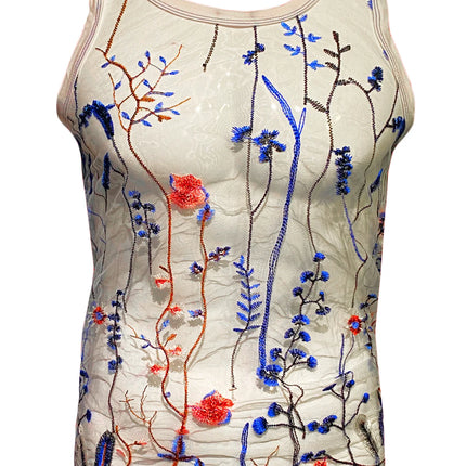 Knobs Embroidered blue floral tank mesh white