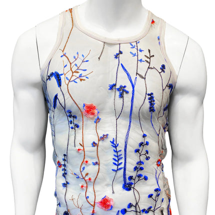 Knobs Embroidered blue floral tank mesh white