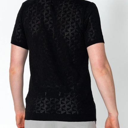 RNT23 Geometric crochet polo shirt black