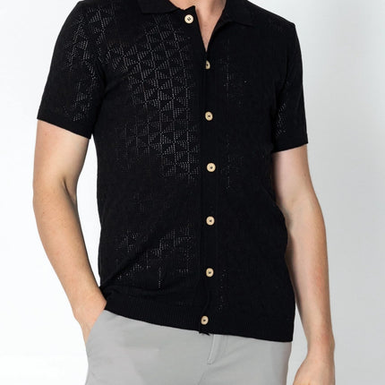 RNT23 Geometric crochet polo shirt black