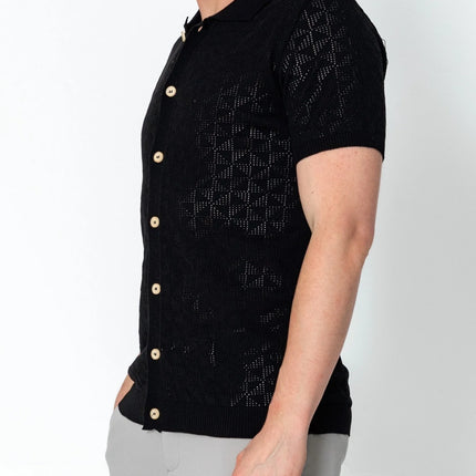 RNT23 Geometric crochet polo shirt black