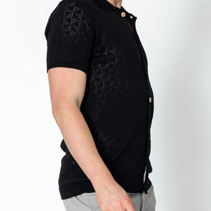 RNT23 Geometric crochet polo shirt black