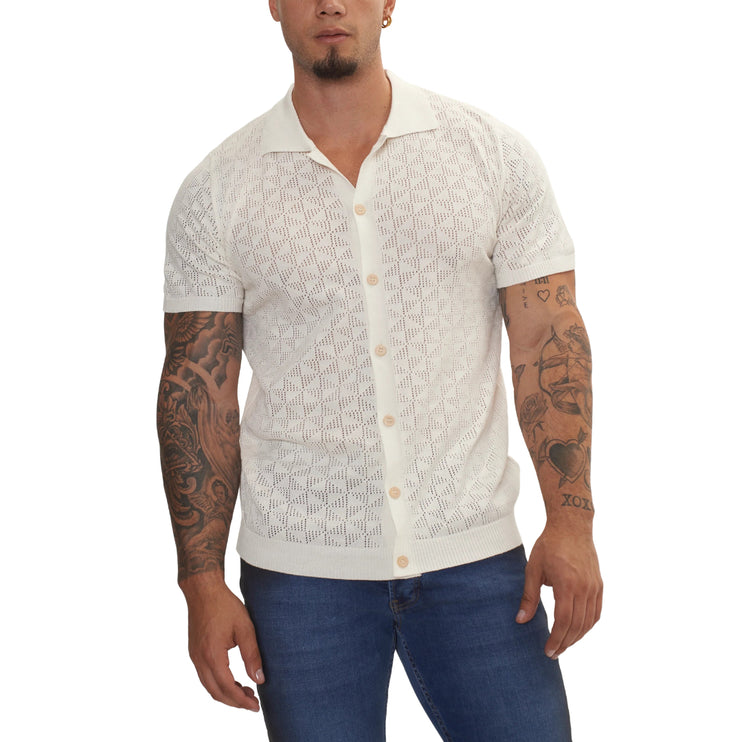 RNT23 Geometric crochet polo shirt off-white