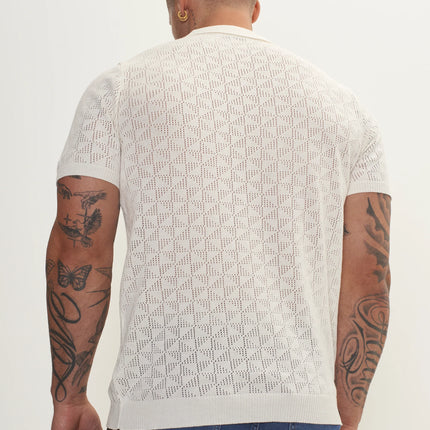 RNT23 Geometric crochet polo shirt off-white