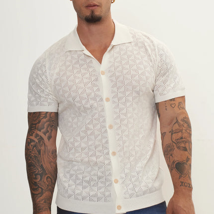 RNT23 Geometric crochet polo shirt off-white