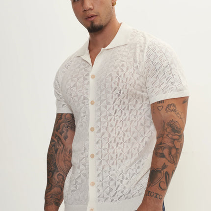 RNT23 Geometric crochet polo shirt off-white