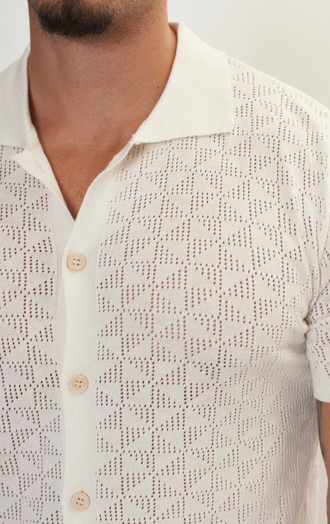 RNT23 Geometric crochet polo shirt off-white