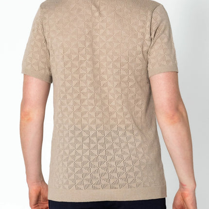 RNT23 Geometric crochet polo shirt stone