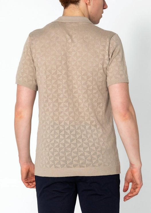 RNT23 Geometric crochet polo shirt stone