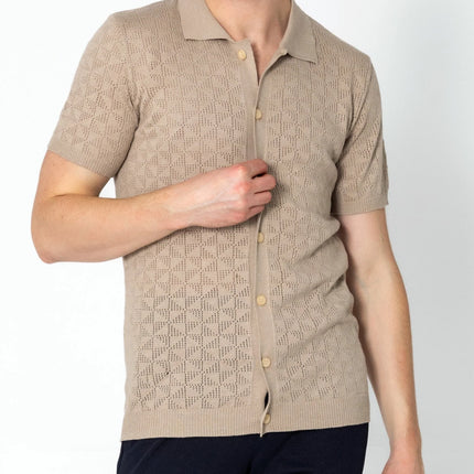 RNT23 Geometric crochet polo shirt stone