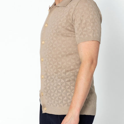 RNT23 Geometric crochet polo shirt stone