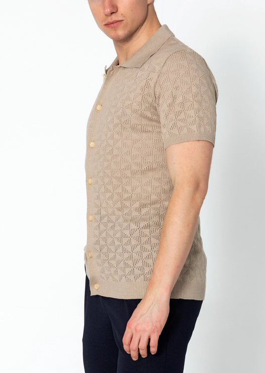 RNT23 Geometric crochet polo shirt stone