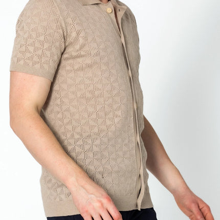 RNT23 Geometric crochet polo shirt stone