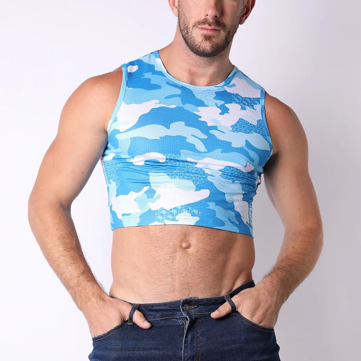 Timoteo X-Fit Camo Cloud sports mesh crop top blue