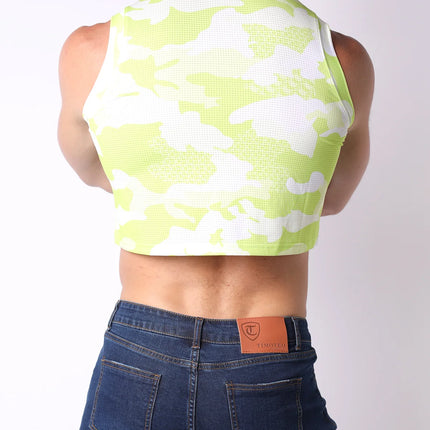 Timoteo X-Fit Camo Cloud sports mesh crop top lime green