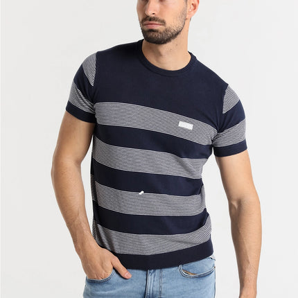 Six Valves knit striped cotton t-shirt navy