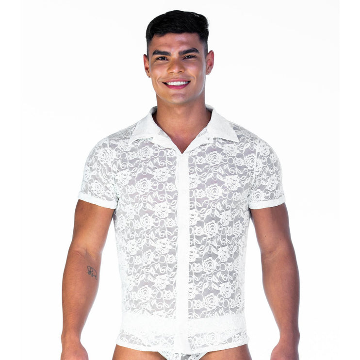 Gigo Redemption slim fit short sleeve lace shirt beige