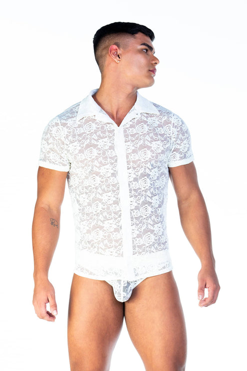 Gigo Redemption slim fit short sleeve lace shirt beige