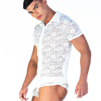 Gigo Redemption slim fit short sleeve lace shirt beige