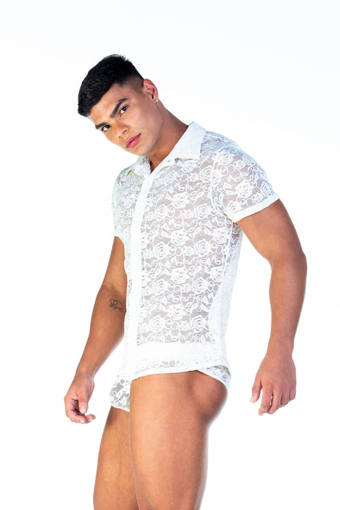 Gigo Redemption slim fit short sleeve lace shirt beige