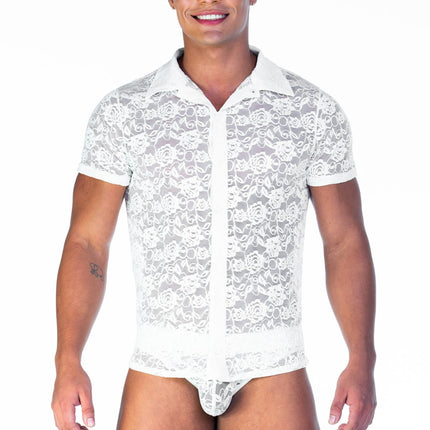 Gigo Redemption slim fit short sleeve lace shirt beige