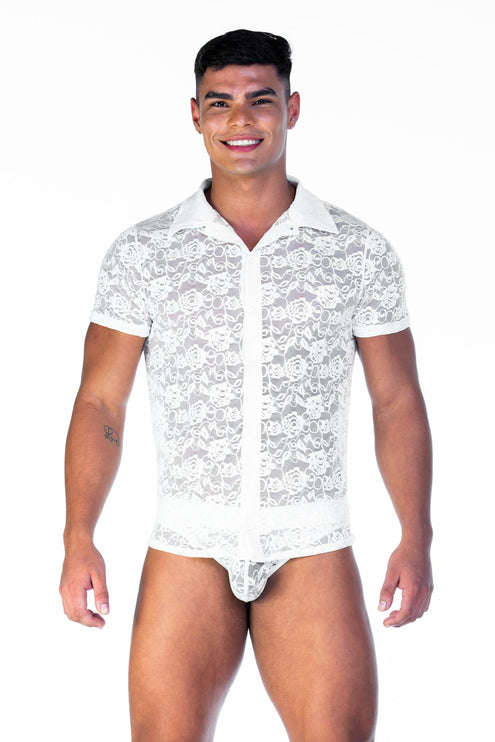 Gigo Redemption slim fit short sleeve lace shirt beige