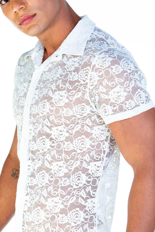 Gigo Redemption slim fit short sleeve lace shirt beige